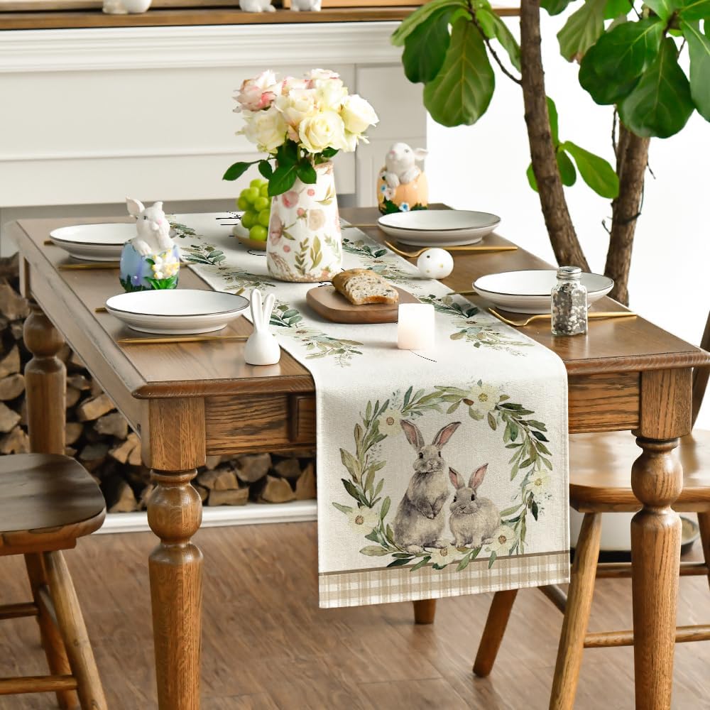 Artoid Mode Buffalo Plaid Bunny Rabbit Wild Flowers Easter Table Runner, Seasonal Kitchen Dining Table Decoration for Home Party Decor 13x72 Inch - Image 3