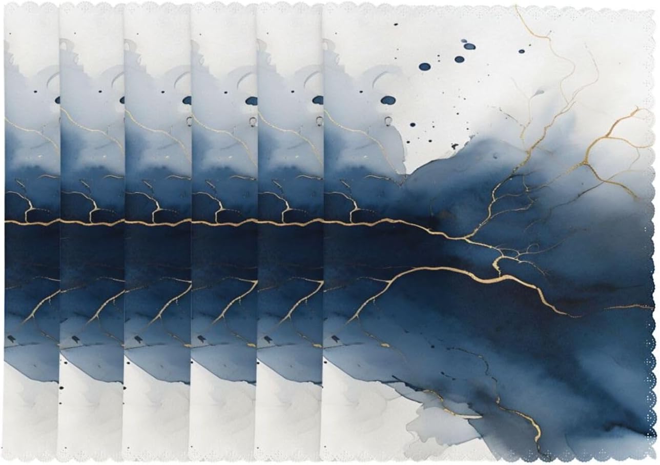 Watercolor and Navy Blue 12x18 Inch Placemats Set of 6, Non-Slip and Stain-Resistant Kitchen Table Mats, Easy to Clean, Heat Resistant Placemats - Image 2