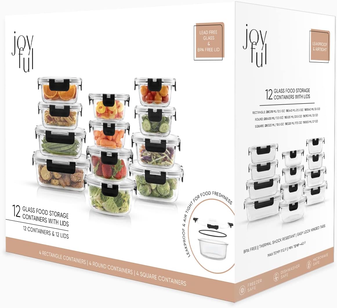 JoyJolt JoyFul 24pc(12 Airtight, Freezer Safe Food Storage Containers and 12 Lids), Pantry Kitchen Storage Containers, Glass Meal Prep Container for Lunch, Glass Storage Containers with Lids - Image 5
