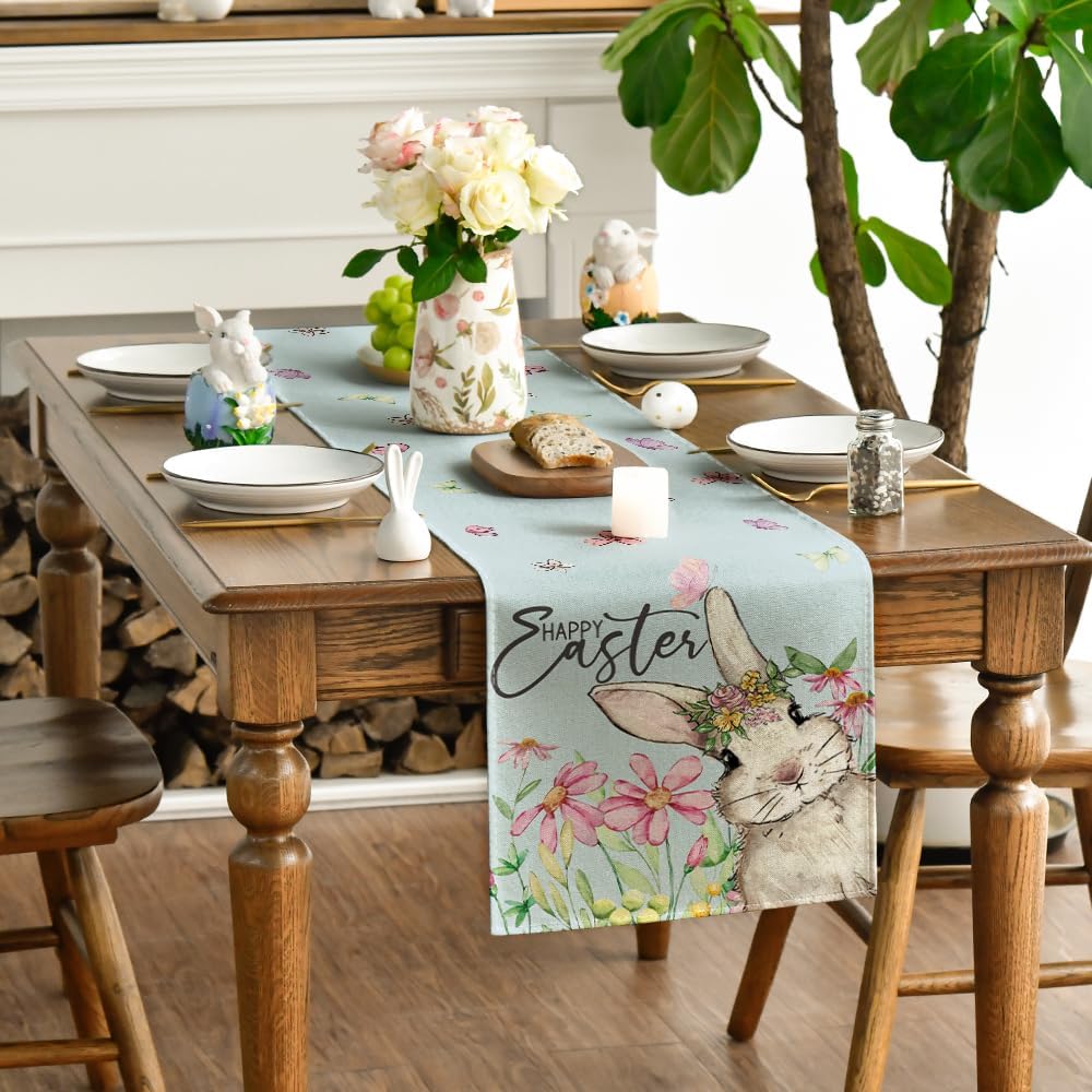 Artoid Mode Blue Daisy Bunny Rabbit Happy Easter Table Runner, Seasonal Spring Kitchen Dining Table Decoration for Home Party Decor 13x72 Inch - Image 3