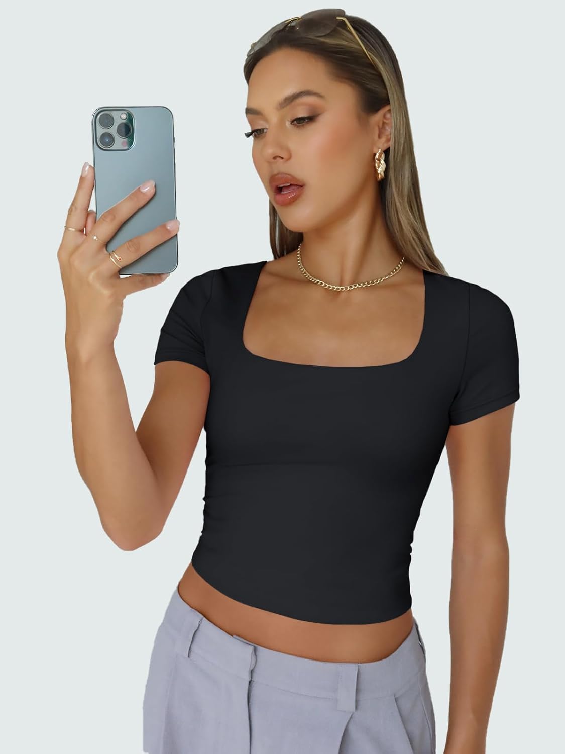 Trendy Queen Womens Square Neck Going Out Crop Tops Short Sleeve T Shirts Summer Cute Clothes Basics Tees ? ? ? ? ? - Image 5