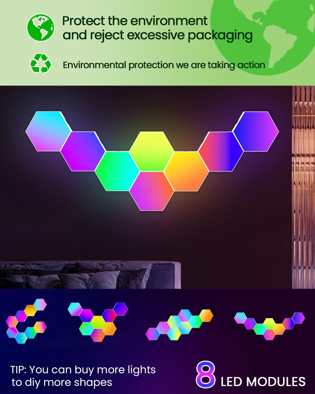 8 Pack Hexagon Led Lights Wall Panels: RGB Gaming Lights with APP Smart Modular Panel Hex Tiles Push Glide Expansion Shapes Lights ? ? ? ? ? - Image 3
