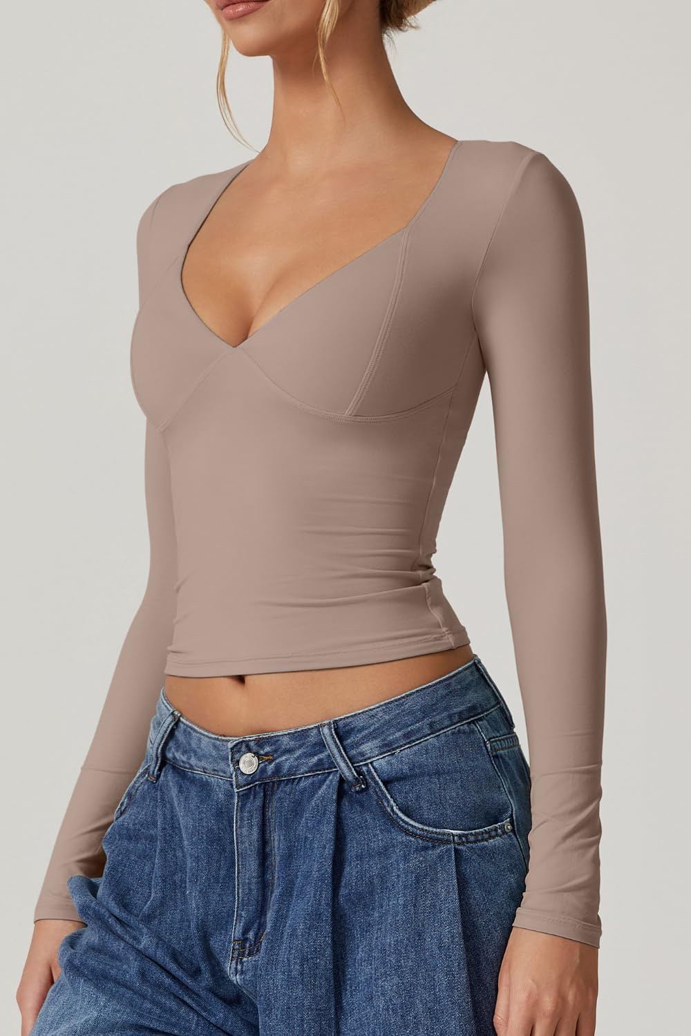 QINSEN Women's Long Sleeve V Neck T Shirts Double Lined Crop Top Seamed Cup Going Out Tops ? - Image 3