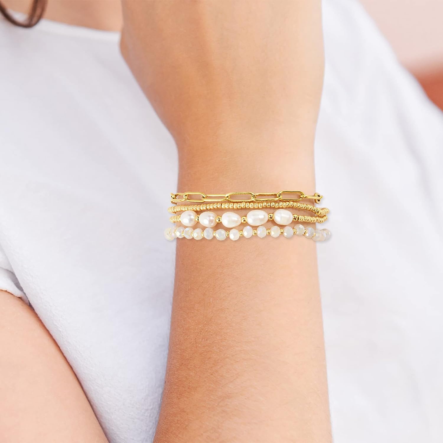 Dainty Gold Pearl Crystal Beaded Bracelets Set for Women 14K Real Gold Plated Bead Pearl Crystal Beads Bracelet Stackable Paperclip Link Chain Bracelets Gold Bracelets for Women Trendy Jewelry ? - Image 4