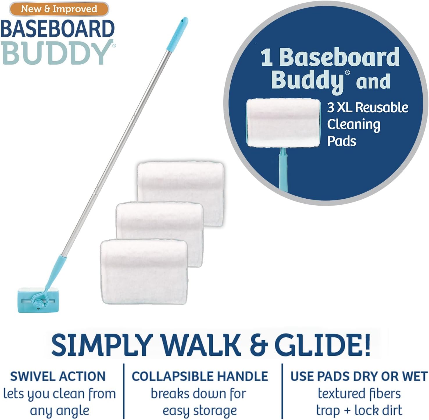 Baseboard Buddy Baseboard & Molding Cleaning Tool! Includes 1 Baseboard Buddy and 3 Reusable Cleaning Pads, As Seen on TV - Image 2