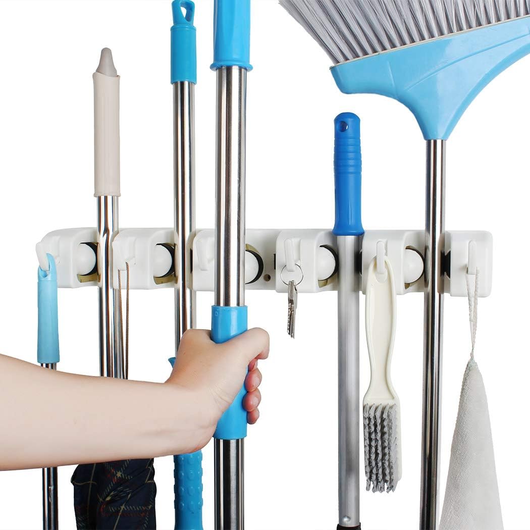 broom and mop holder wall mounted Storage cleaning Tools Commercial Mop Rack closet organizer tool hanger for Kitchen Garden laundry room and Garage,Handles Up to 1.41-Inches (grey, one 5slots) ? ? ? ? ? - Image 6