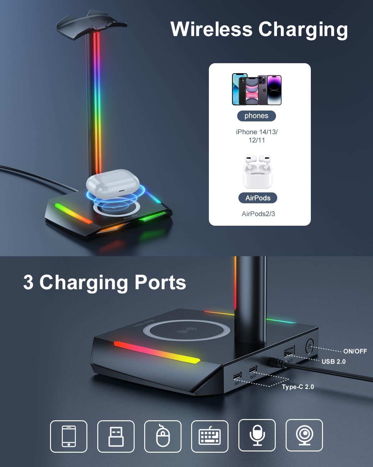 New bee RGB Headphone Stand with Wireless Charging and 2 USB-C & 1 USB Charging Ports, Desk Gaming Headset Holder with 7 Light Modes and Non-Slip Rubber Base Suitable for All Earphone Accessories ? ? ? ? ? - Image 3