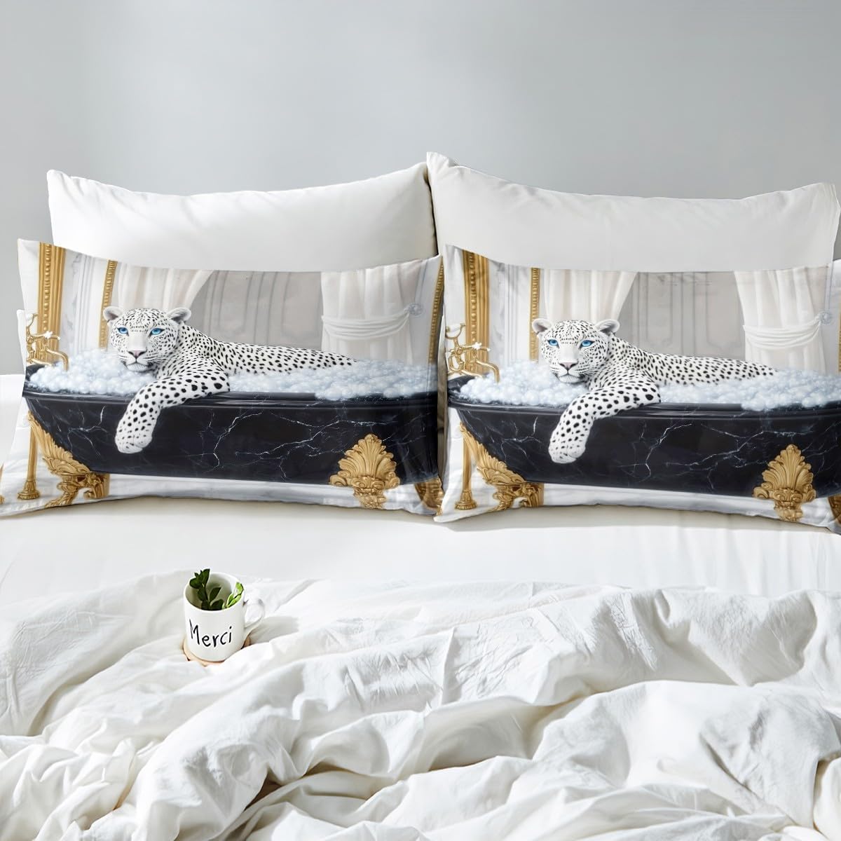 Manfei Snow Leopard Bed Sheet 4 Piece,Natural Wild Animal Cheetah White Leopard Fur Print Sheets Full Size Bed Set,European Style Bathtub Luxury Bedding Set with Flat,Fitted Sheet,2 Pillow Cases ? ? ? ? ? - Image 5