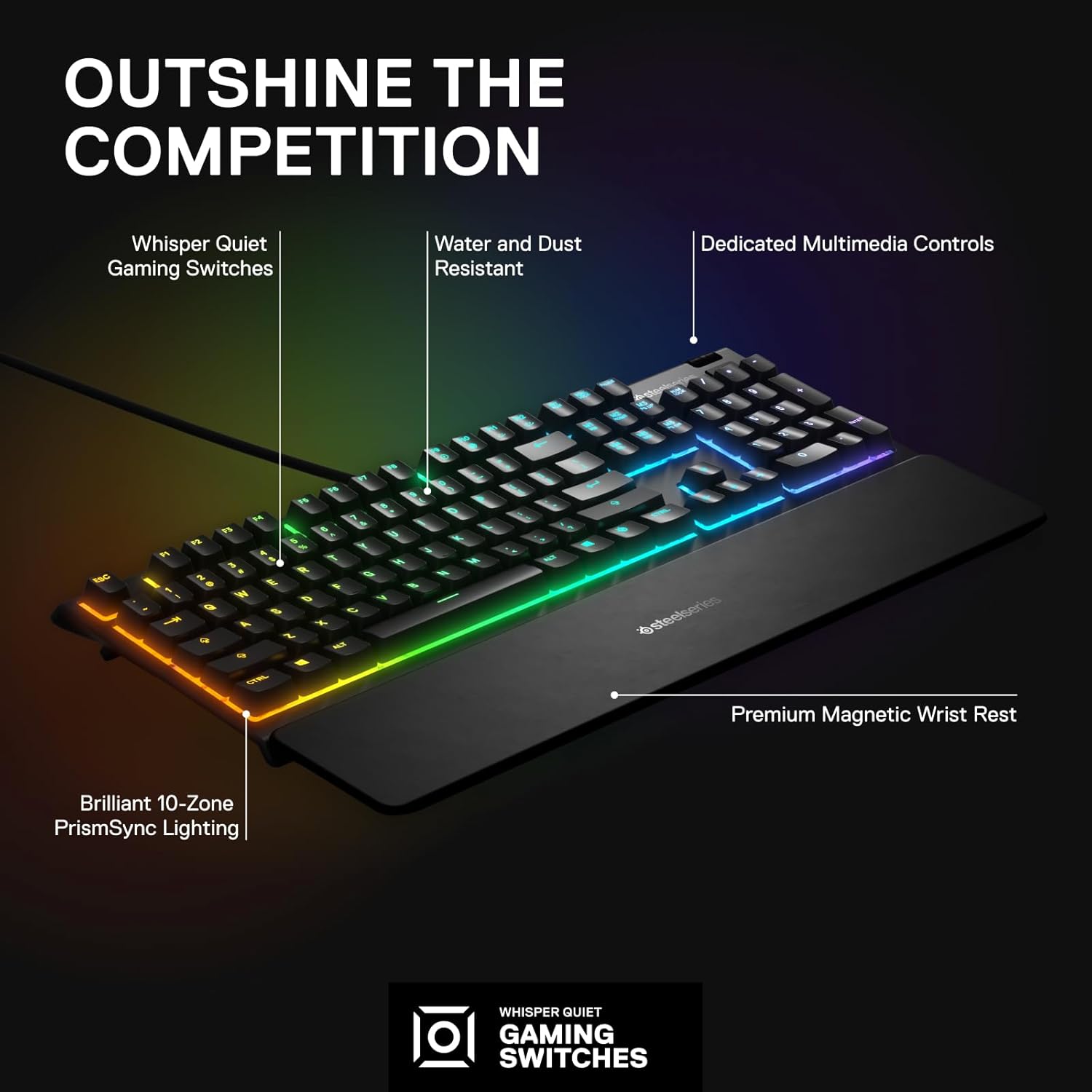 SteelSeries Apex 3 RGB Gaming Keyboard 10-Zone RGB Illumination IP32 Water Resistant Premium Magnetic Wrist Rest (Whisper Quiet Gaming Switch) - Image 3