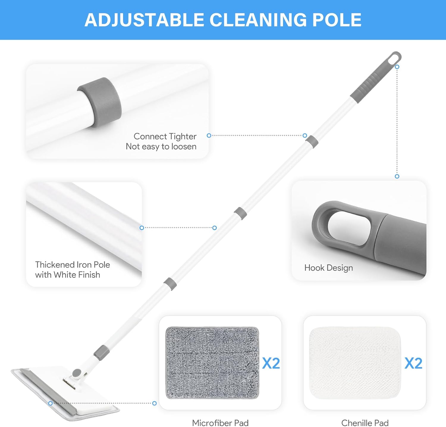 Baseboard Cleaner Tool with Handle, DELUX Baseboard Cleaner with Extendable Long Handle, 4 Reusable Cleaning Pads Wall Cleaner for Baseboards Cleaning, Ceiling, Wall, Floor, Shower Bathroom Kitchen ? ? ? ? ? - Image 4