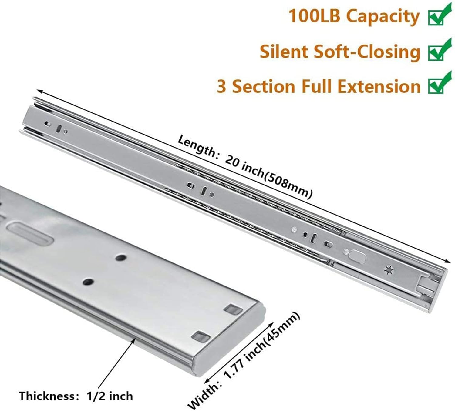 LONTAN 1 Pairs Soft-Close Drawer Slides 20 Inch Full Extension and Ball Bearing Cabinet Drawer Slides - SL4502S3-20 Heavy Duty Dresser Drawer Slides 100lb Capacity ? ? ? ? ? - Image 2