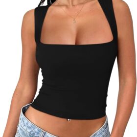 REORIA Butsmooth® Women's Square Neck Going Out Crop Tops Double Lined Cute Basic Tank Tops 2024 Clothes  