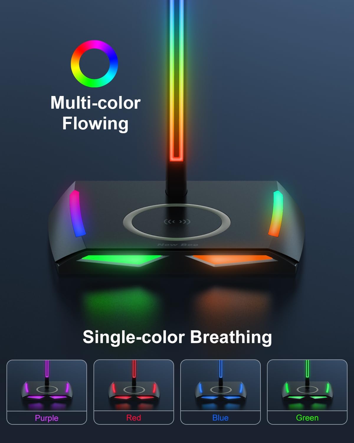 New bee RGB Headphone Stand with Wireless Charging and 2 USB-C & 1 USB Charging Ports, Desk Gaming Headset Holder with 7 Light Modes and Non-Slip Rubber Base Suitable for All Earphone Accessories ? ? ? ? ? - Image 2
