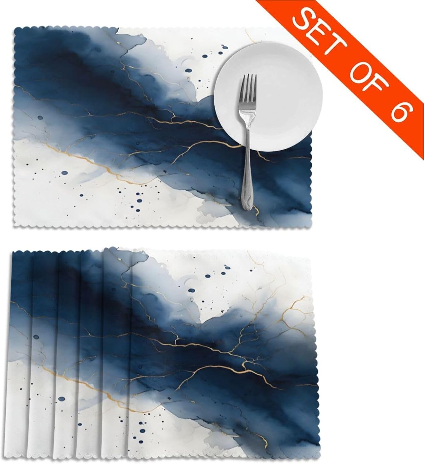Watercolor and Navy Blue 12x18 Inch Placemats Set of 6, Non-Slip and Stain-Resistant Kitchen Table Mats, Easy to Clean, Heat Resistant Placemats - Image 4