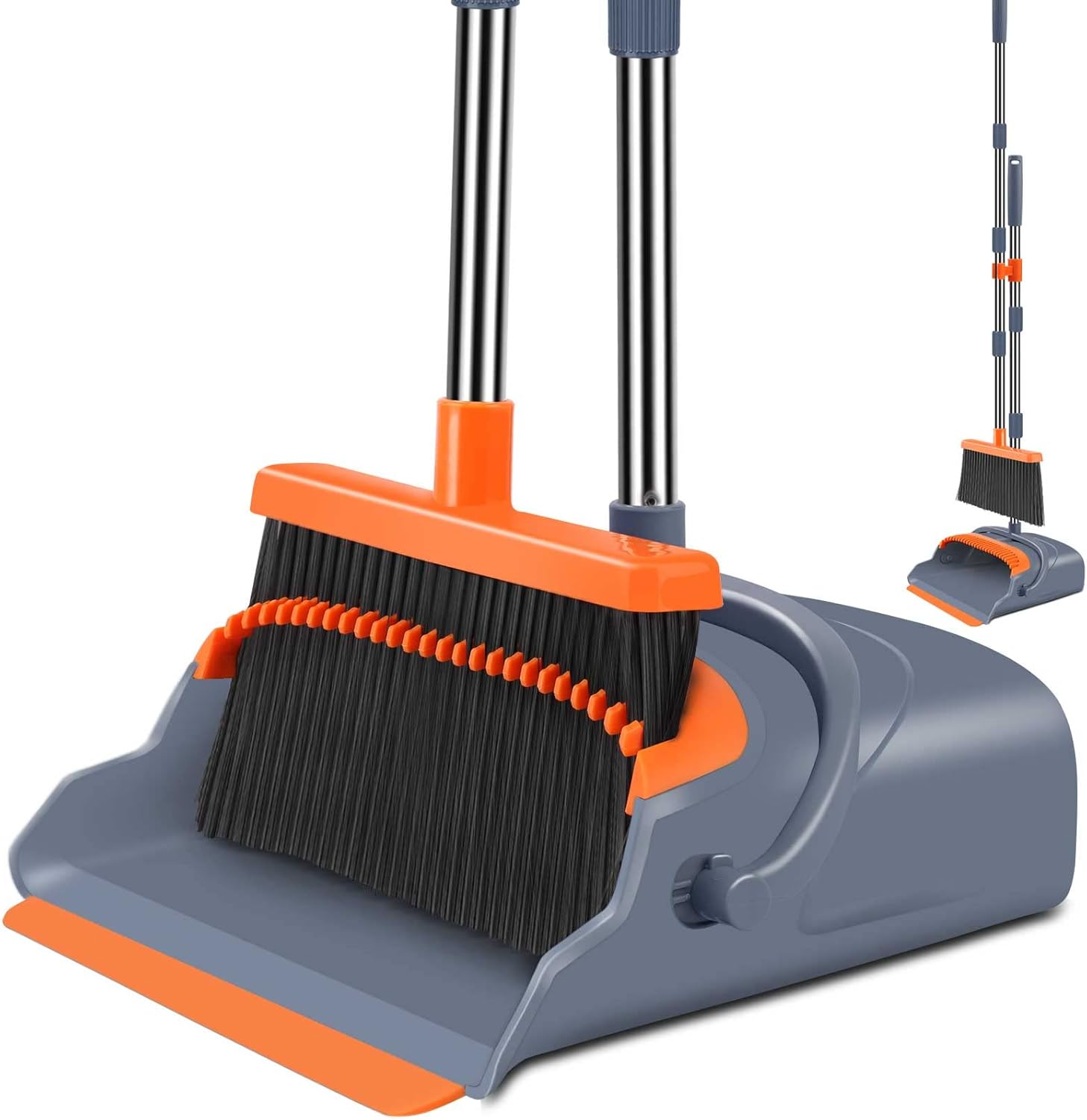 kelamayi Upgrade Broom and Dustpan Set, Self-Cleaning with Dustpan Teeth, Indoor&Outdoor Sweeping, Ideal for Dog Cat Pets Home Use, Stand Up Broom and Dustpan (Gray&Orange) ? ? ? ? ?