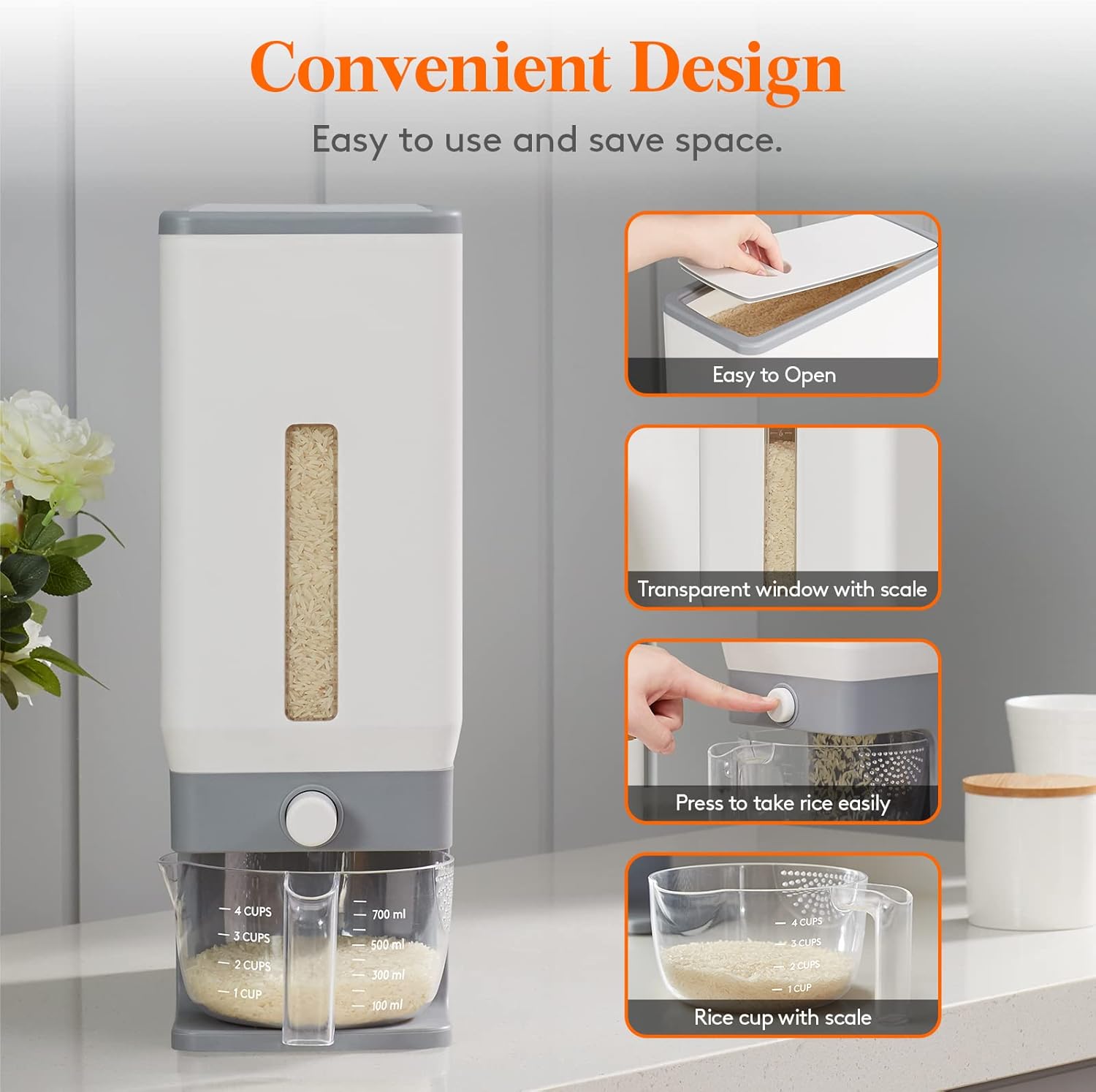 Lifewit Rice Dispenser 25 Lbs(11.3kg), Rice Storage Container Sealed Moisture Proof with Measuring Cup for Kitchen Pantry Household, BPA-Free ? ? ? ? ? - Image 4
