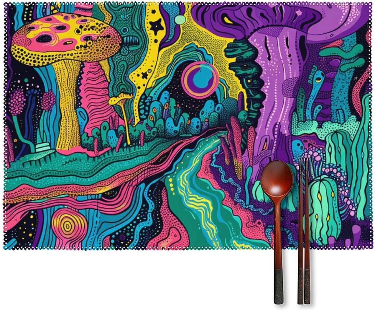 Psychedelic Style Lines Placemats Set 4 Heat Resistant Place Mats Non-Slip Washable Indoor Outdoor Table Mats Table Mats for Dining Kitchen Party Measures 17.7 X 11.8Inch ? ? ? ? ?