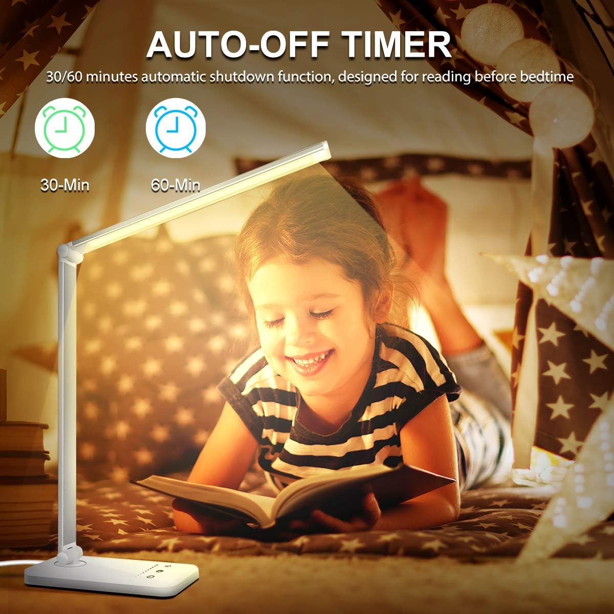 White crown LED Desk Lamp Dimmable Table Lamp Reading Lamp with USB Charging Port, 5 Lighting Modes, Sensitive Control, 30/60 Minutes Timer (White) ? ? ? ? ? - Image 6