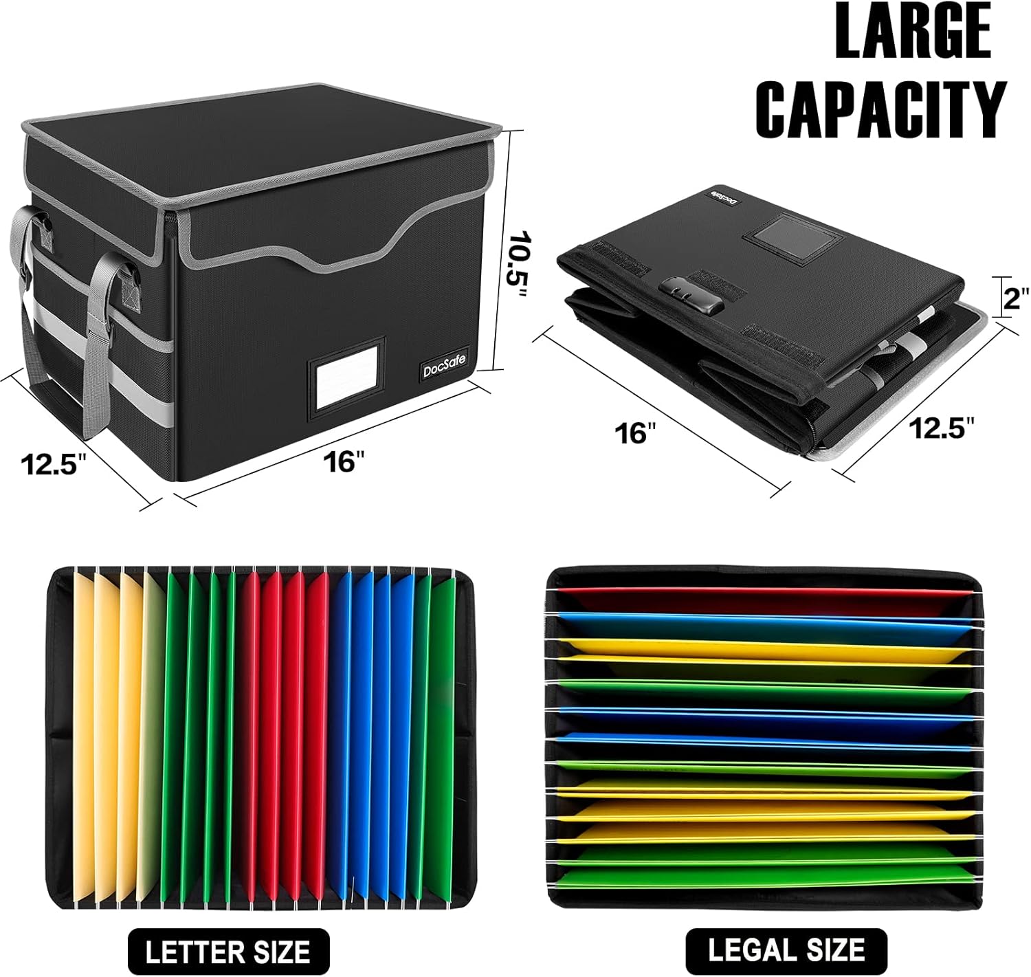 DocSafe File Box Fireproof Document Box with Lock,File Storage Organizer Box with Mesh Pockets,Collapsible Portable File Box Home Office File Cabinet with Handle for Hanging Letter/Legal Folder,Black ? ? ? ? ? - Image 5