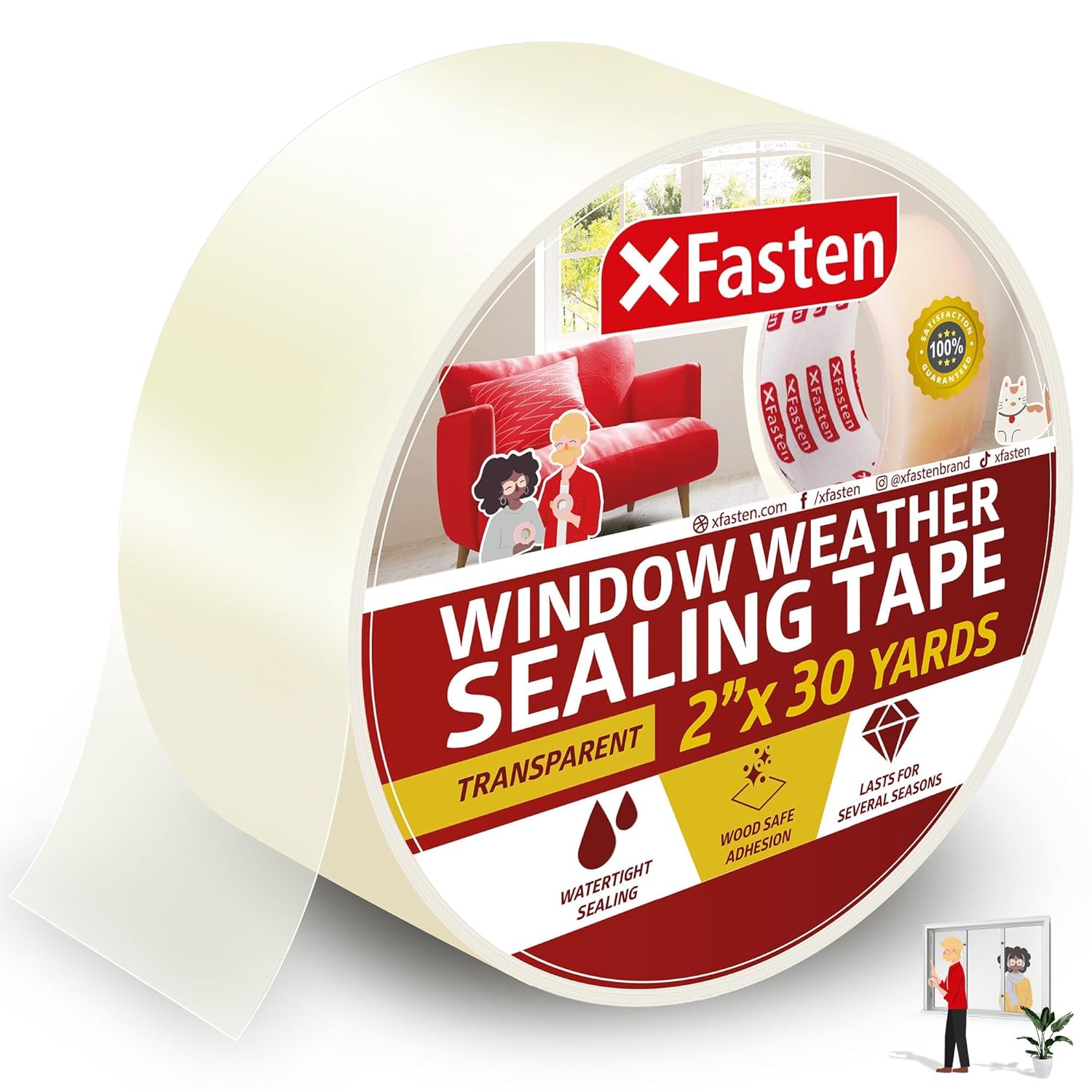 XFasten Transparent Window Weather Sealing Tape, 2-Inch x 30 Yards (50.8mm x 27.43m), Clear Window Draft Isolation Sealing Film Tape, No Residue ? ? ? ? ?