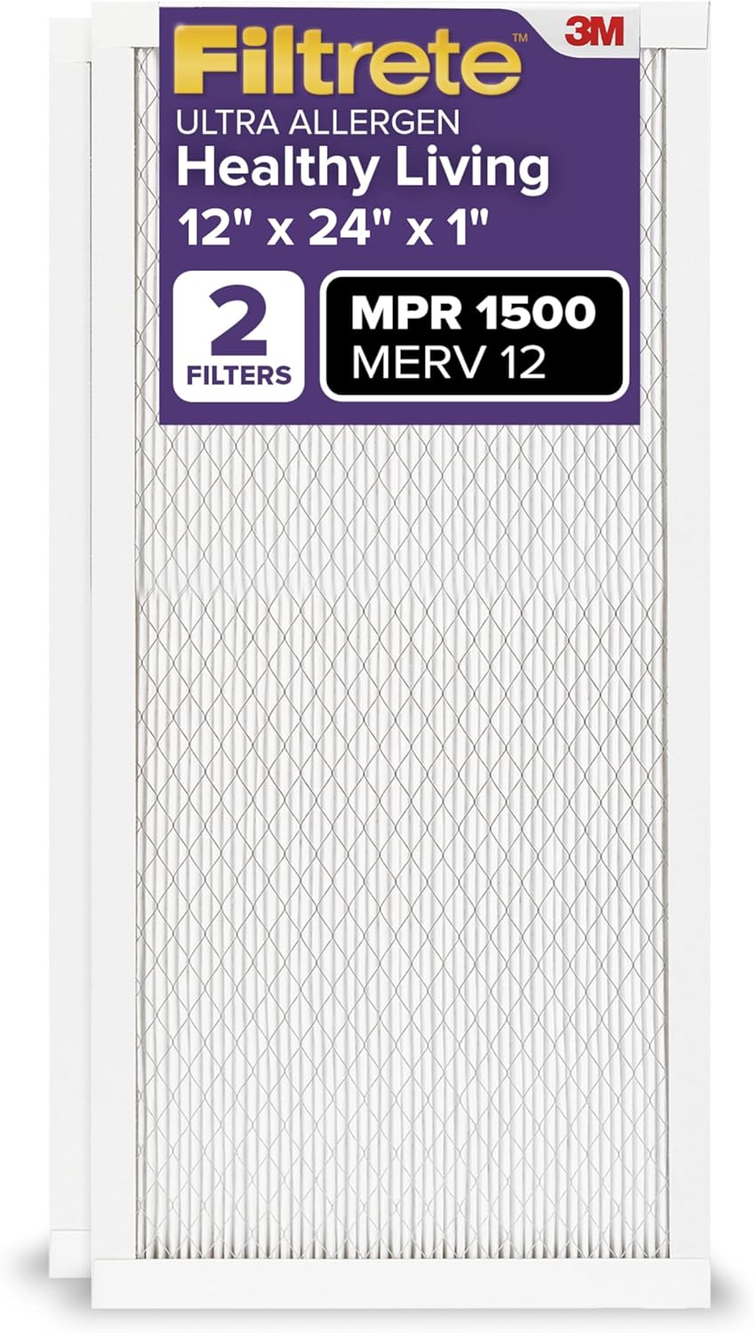 Filtrete 12x24x1 AC Furnace Air Filter, MERV 12, MPR 1500, CERTIFIED asthma & allergy friendly, 3 Month Pleated 1-Inch Electrostatic Air Cleaning Filter, 2-Pack (Actual Size 11.69x23.69x0.78 in) ? ? ? ? ?