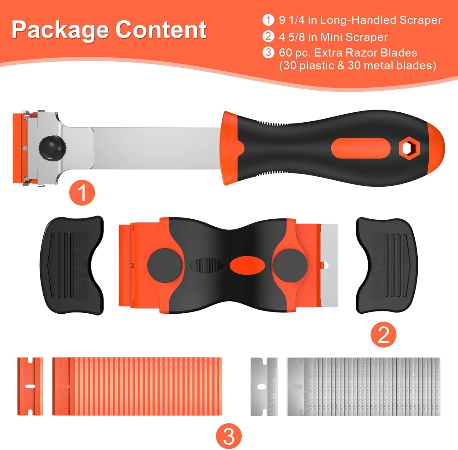 3 Pack Razor Blade Scraper Set, Includes 30 Plastic & 30 Metal Blades, Multi-Purpose Tool for Glass, Cooktop, Sticker Removal, Paint & Gum Cleaning (Orange) ? ? ? ? ? - Image 3