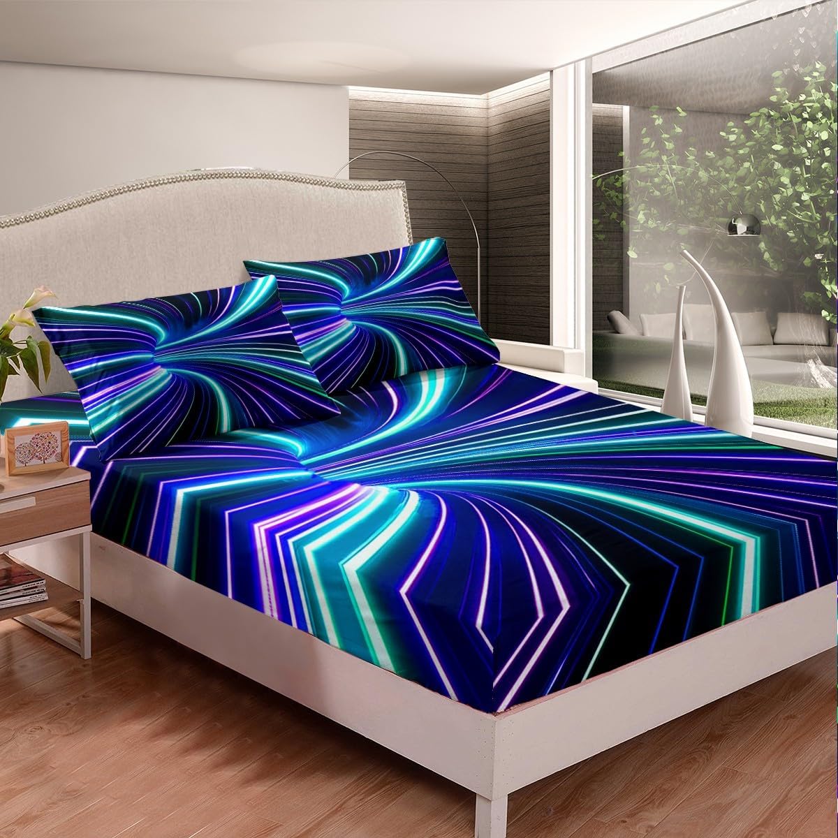 Black Light Fitted Sheet 3D Ombre Geometric Bed Sheets Twin,Gradient Blue Purple Teal Modern Stripes Circle Swirl Sheets,Geometry Line Bedding Set for Men ? ? ? ? ? - Image 2