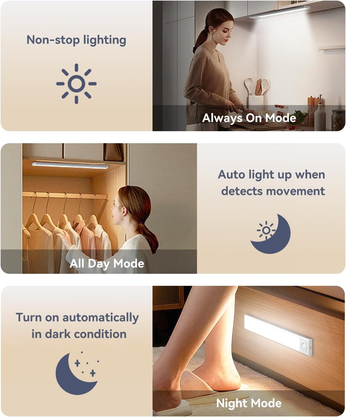 Under Cabinet Lighting, 3200mAh Rechargeable Battery Operated Motion Sensor Light Indoor, 60LED Under Cabinet Lights, Wireless Closet Lights for Kitchen (2pack) - Image 2