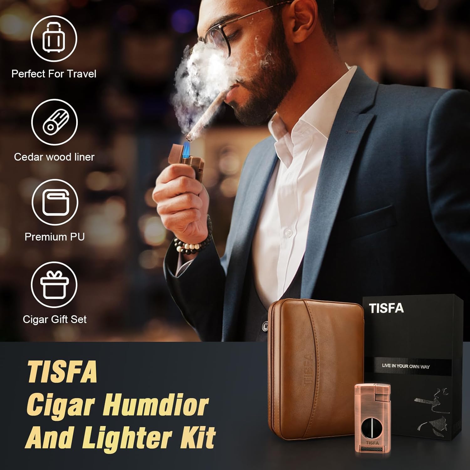 TISFA Cigar Humidor, Leather Cedar Wood Cigar Case with Cigar Lighter, V Cut Cigar Cutter, Cigar Holder 3 in 1, Portable Travel Cigar Humidor Box with Humidifier (Brown) ? ? ? ? ? - Image 4