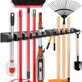 IMILLET 2 Pack Mop and Broom Holder, Wall Mounted Organizer Mop and Broom Storage Tool Rack with 5 Ball Slots and 6 Hooks (Black) ?   ?   ?  ?   ?