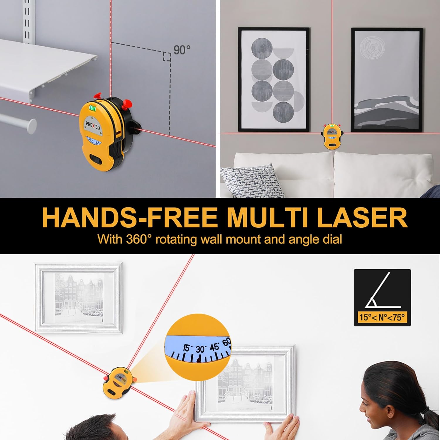 PREXISO Multi Surface Laser Level LED Light Vial, 30Ft Horizontal & Vertical Line Laser with Wall Mount Base, 2 Pins, 10 Sticker, 2 AA Batteries for Hanging Frames & Picture, Construction Wall Writing ? ? ? ? ? - Image 3