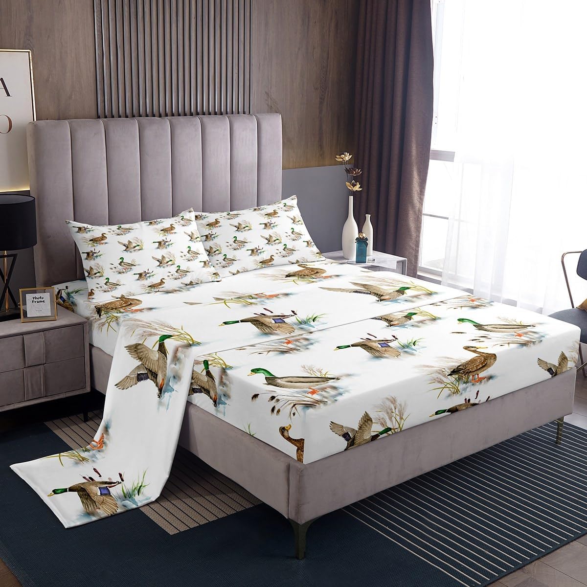 Farmhouse Style Bed Sheet Set 4 Piece,Wild Duck River Plant Sheets Full Size Sheets Set,Rustic Farm Wild Animal Soft Microfiber Bedding Set with Flat,Fitted Sheet,2 Pillow Cases