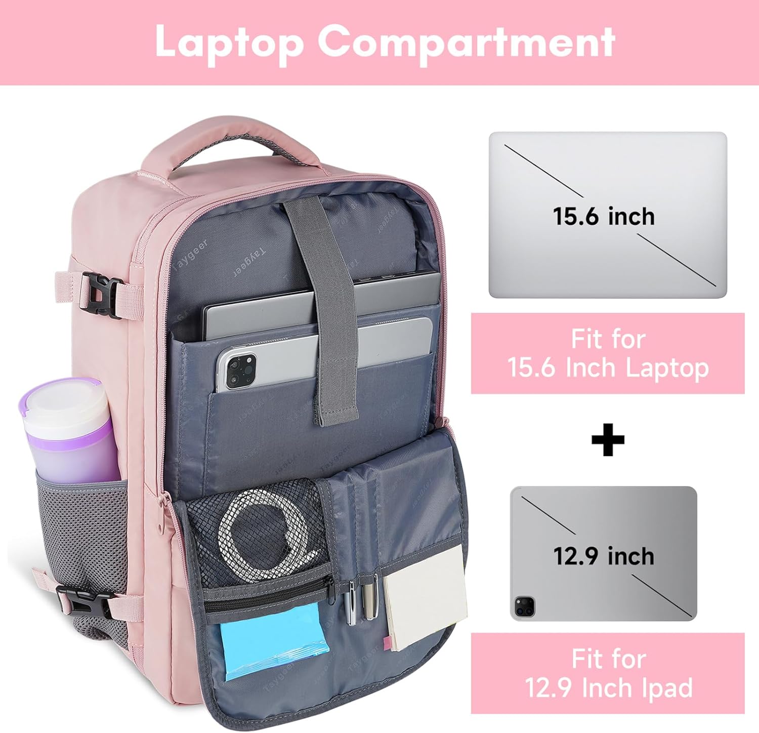 Taygeer Travel Backpack for Women, Carry On Backpack with USB Charging Port & Shoe Pouch, TSA 15.6inch Laptop Mochila Flight Approved, Nurse Bag Casual Daypack for Weekender Business Hiking, Pink ? ? ? ? ? - Image 5