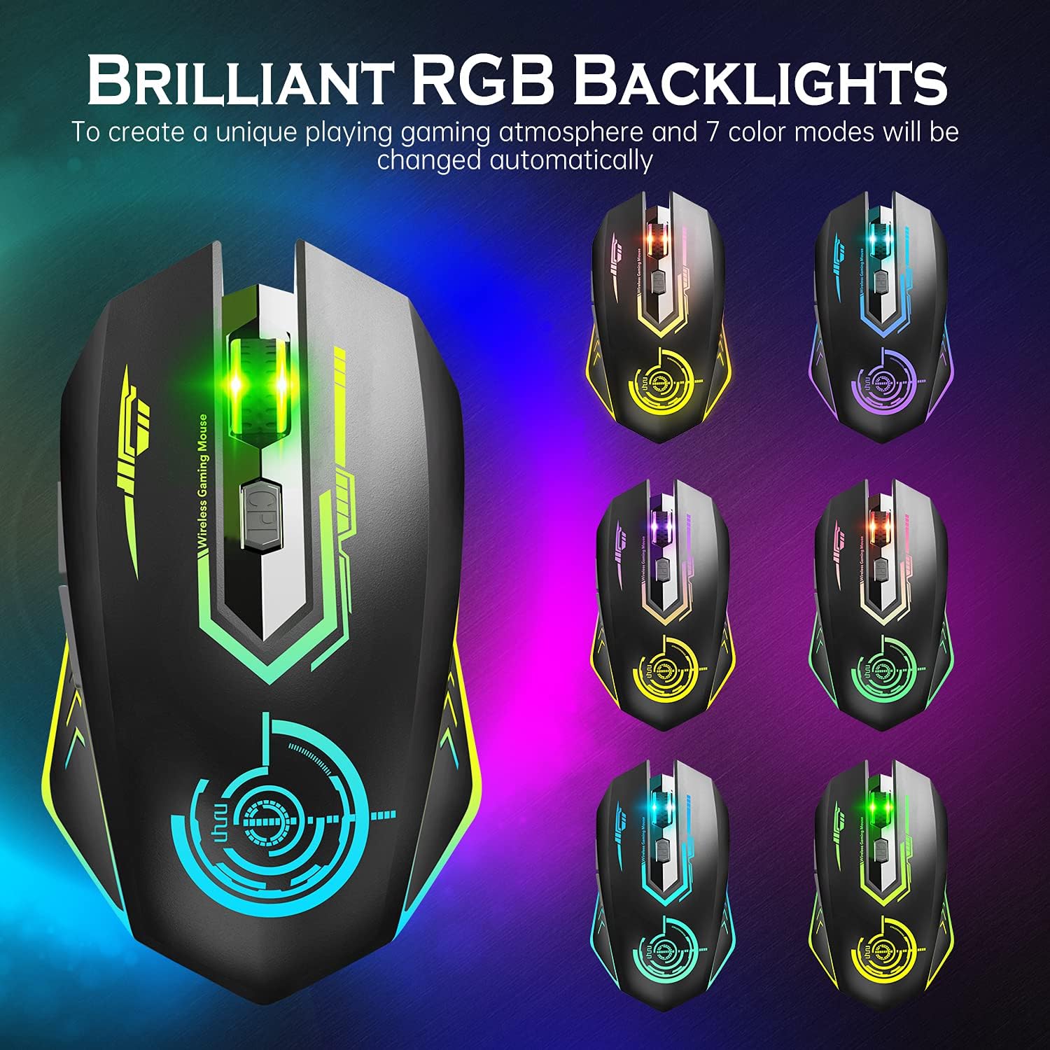 UHURU Wireless Gaming Mouse Up to 10000 DPI, Rechargeable USB Wireless Mouse with 6 Buttons 7 Dynamic LED Color Ergonomic Programmable MMO RPG for PC Laptop, Compatible with Windows Mac - Image 4