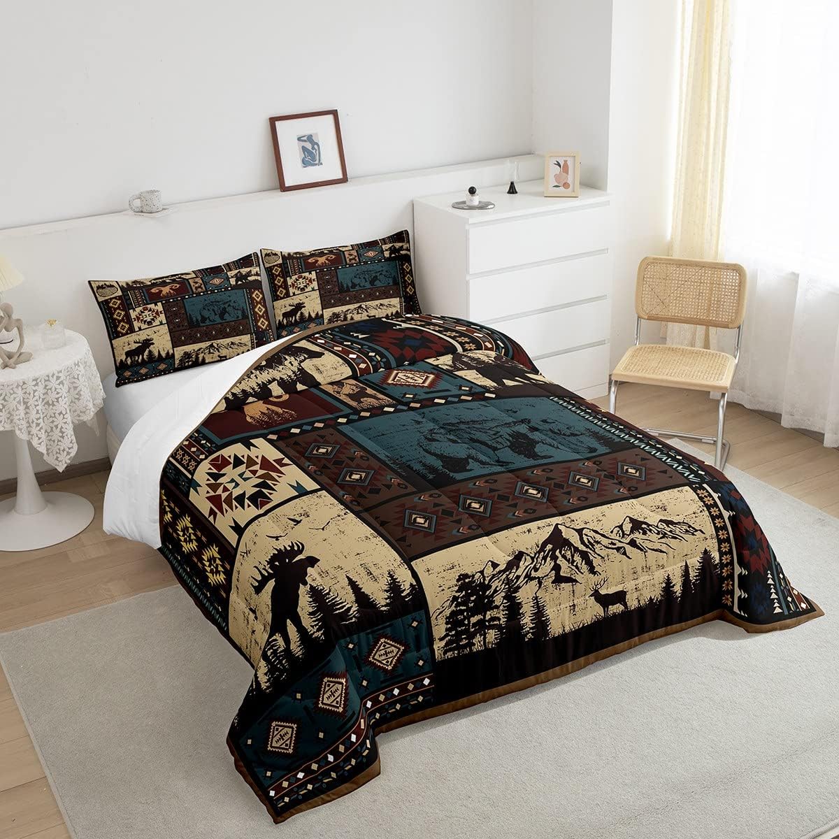 Erosebridal Aztec Comforter Sets Twin Rustic Southwestern American Native Bedding Set,Bear Deer Moose Quilt Retro Indian Style Hunting Animal Duvet Insert with 1 Pillowcase Microfiber - Image 4