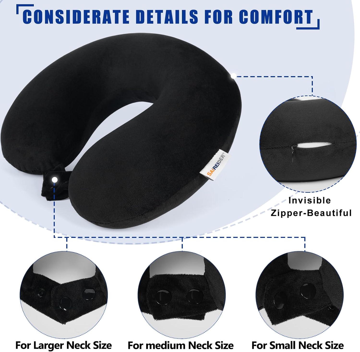 SAIREIDER Travel Pillow 100% Pure Memory Foam Travel Neck Pillow, Airplane Pillow for Traveling?Car?Home?Office?Washable Cover?Black? ? ? ? ? ? - Image 5