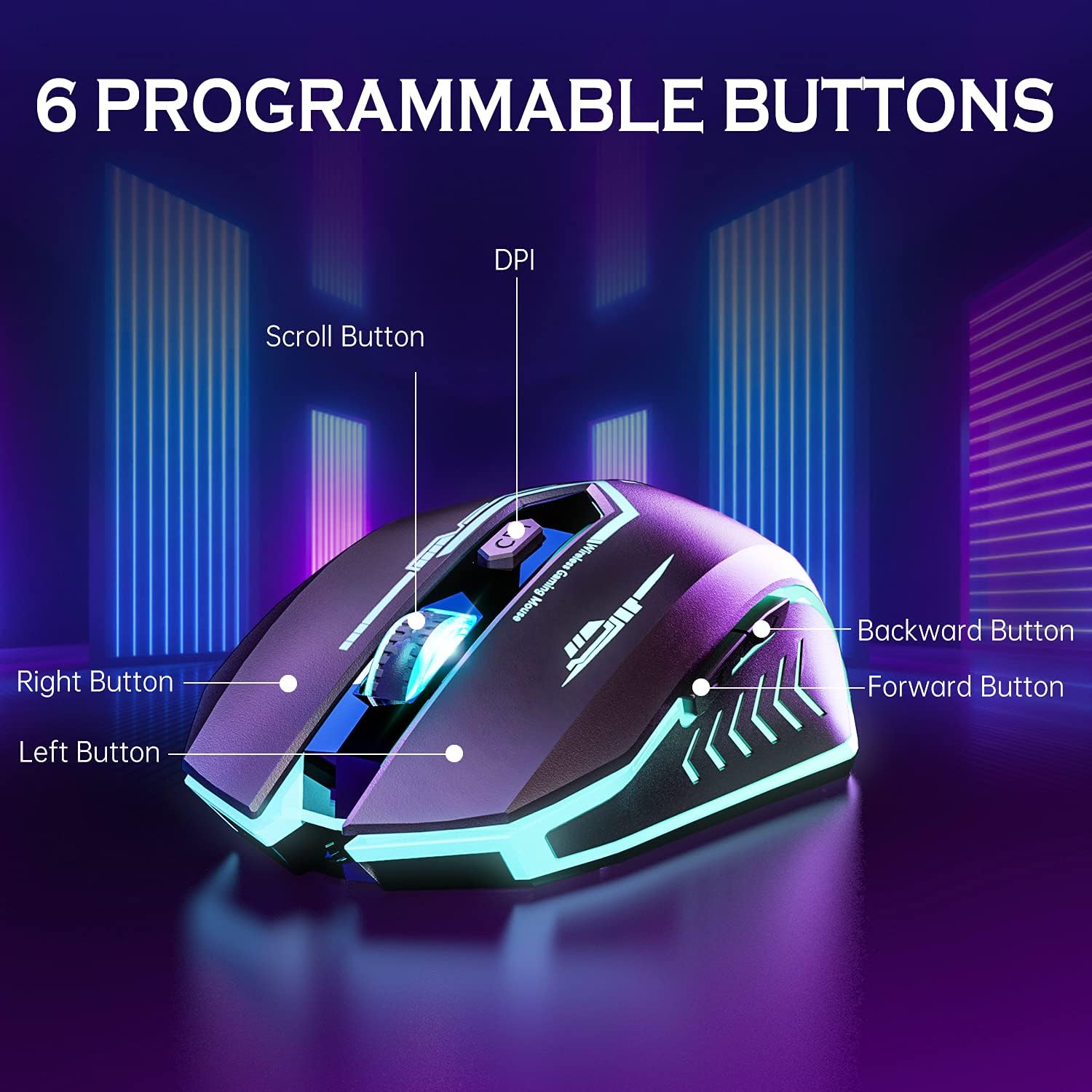 UHURU Wireless Gaming Mouse Up to 10000 DPI, Rechargeable USB Wireless Mouse with 6 Buttons 7 Dynamic LED Color Ergonomic Programmable MMO RPG for PC Laptop, Compatible with Windows Mac - Image 5