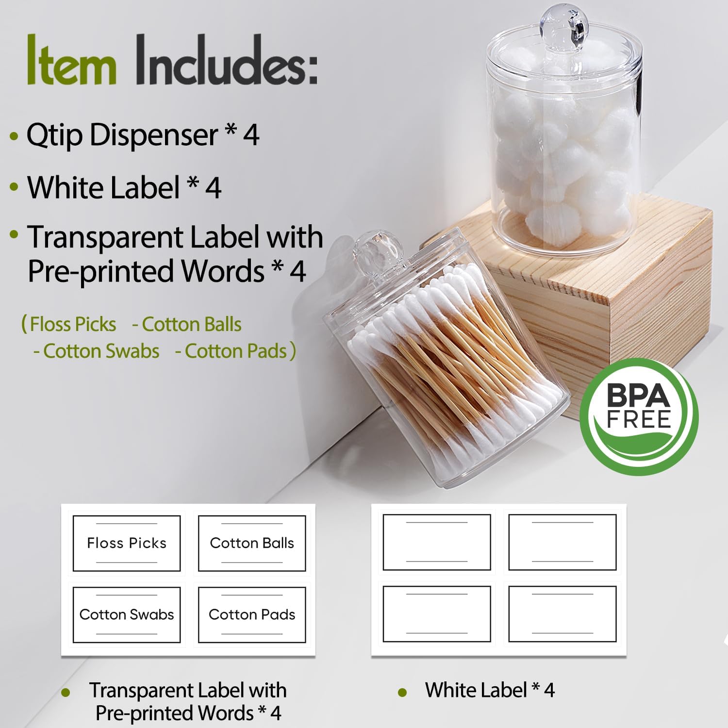 4 Pack Acrylic Qtip Holder Dispenser for Cotton Swabs, Balls, Pads, Floss Picks- Small Clear Plastic Canister Apothecary Jar Set, Bathroom Essentials Accessories Decor, Vanity Makeup Storage Organizer ? ? ? ? ? - Image 2