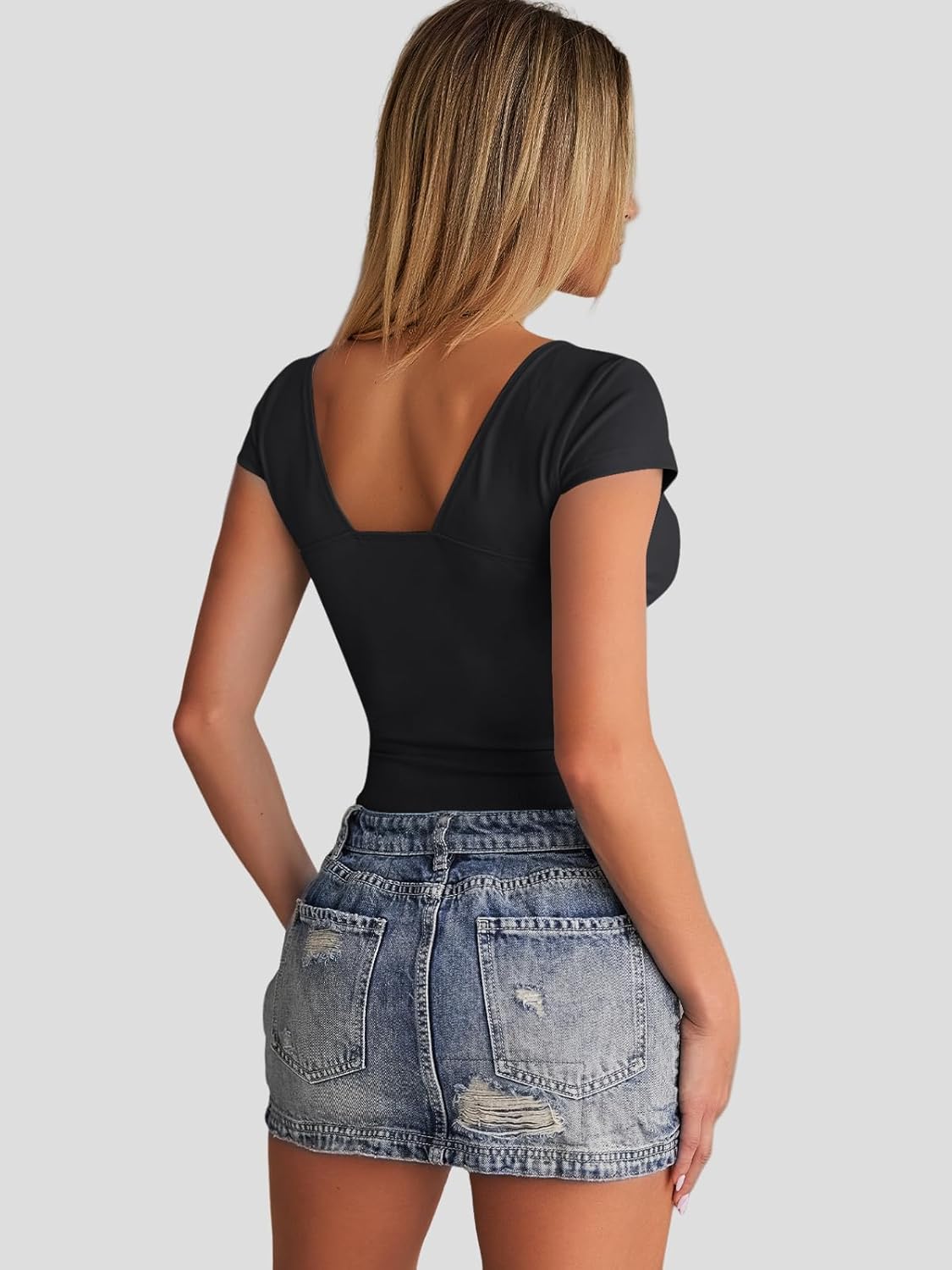 Trendy Queen Womens Deep V-Neck Backless Tops Short Sleeve Slim Fit T-Shirts Basic Y2K Tops Bustier Corset Cami 2025 ? - Image 5