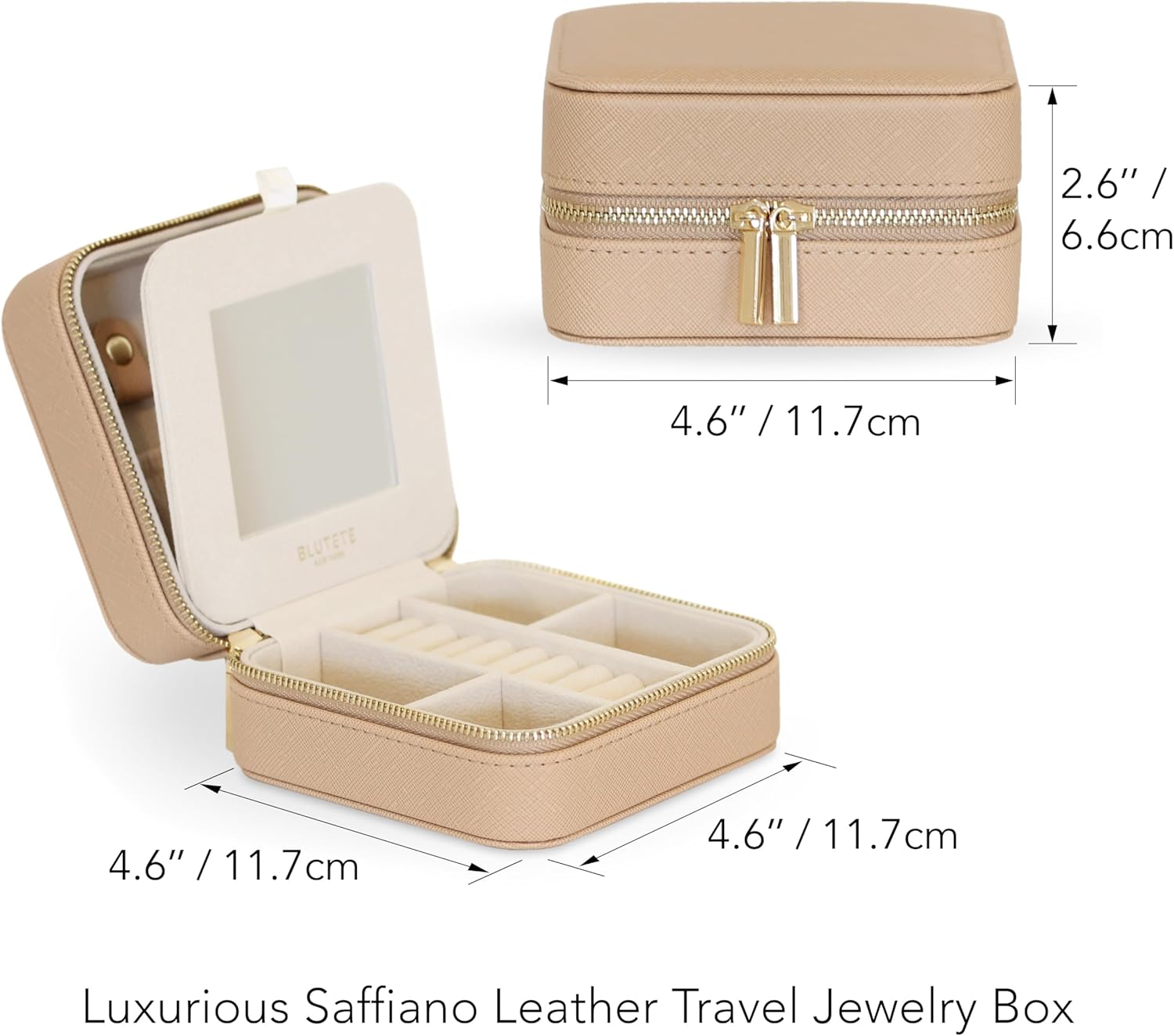 BLUTETE Saffiano Leather Travel Jewelry Box with Mirror | Portable Jewelry Zipper Case | Multi Compartments Jewelry Organizer for Women | Popular Gift Jewelry Box Rings Earrings Nacklaces (Sand) ? ? ? ? ? - Image 2