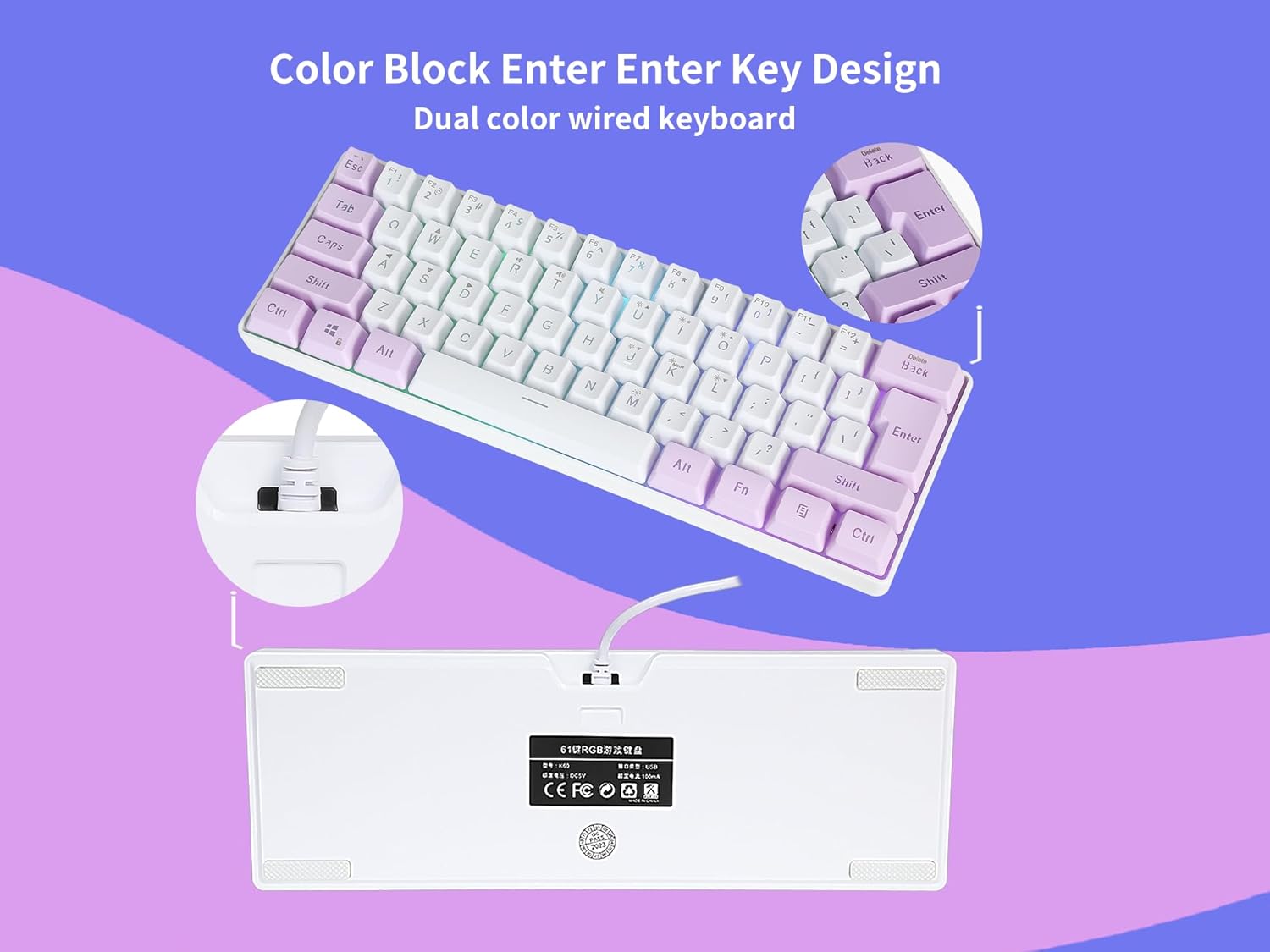 SAMA Gaming Keyboard 60 Percent, 61 Keys RGB Backlit Wired Keyboard, Waterproof Mini Compact Gaming Keyboard for PC/Mac Gamer, Travel, Easy to Carry on Business Trip - White Purple - Image 6