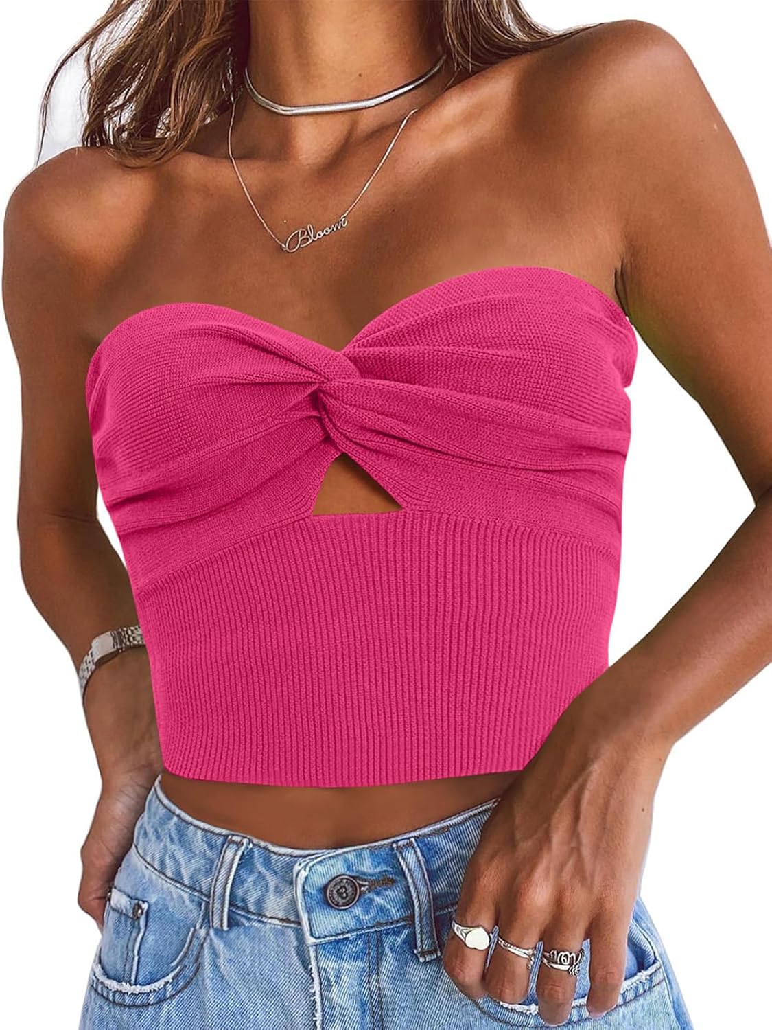 EFAN Womens Tube Tops Going Out Cut Out Twist Knot Front Bandeau Ribbed Knit Y2K Strapless Tank Bustier Corset Tops ?