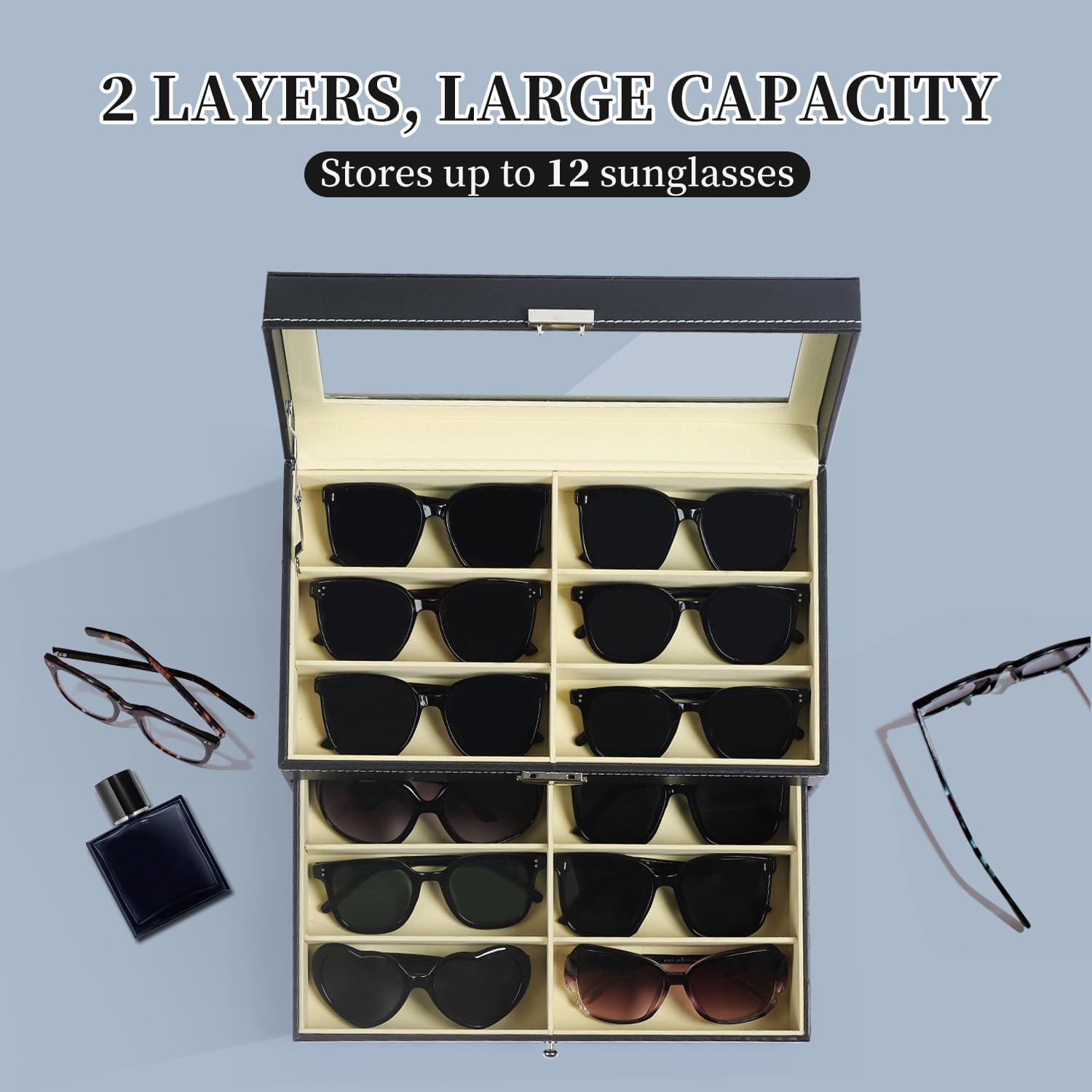 AUTOARK Leather 12 Piece Eyeglasses Storage and Sunglass Glasses Display Drawer Lockable Case Organizer,Black,AW-023 ? ? ? ? ? - Image 4