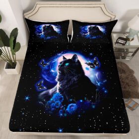 Fantasy Starry Sky Fitted Sheet Queen Size Blue Galaxy Bedding Sheet Set,Mysterious Cat Butterfly Bed Cover Ultra Soft Breathable Bedding 3 Pcs                 