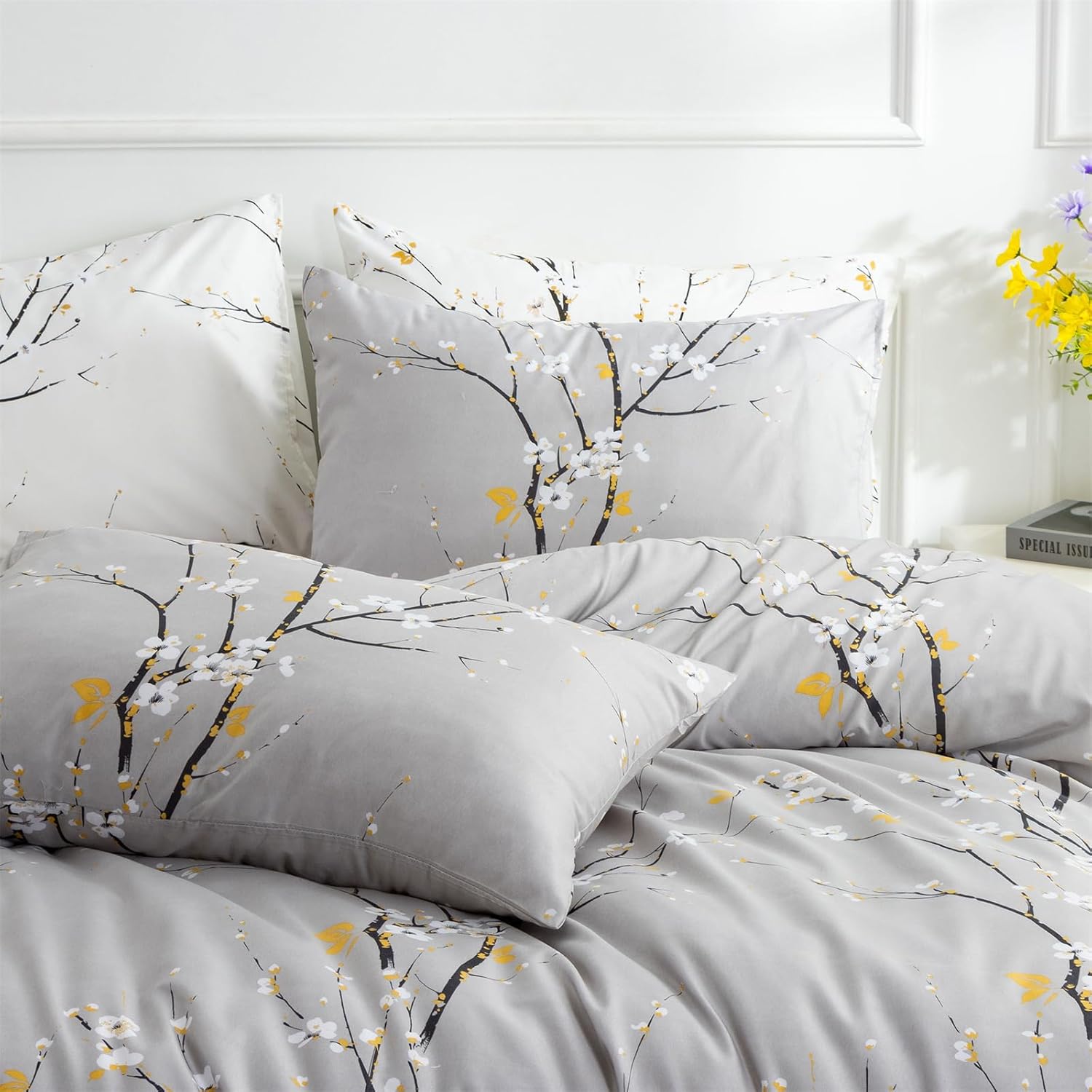 mixinni Grey Comforter Set Twin XL Size-Tree Branch Bloom Flower Pattern Printed Bedding Sets Cute Floral Soft Fluffy Comforter with 2 Pillowcases, Botanical Bed Set for All Season - Image 4