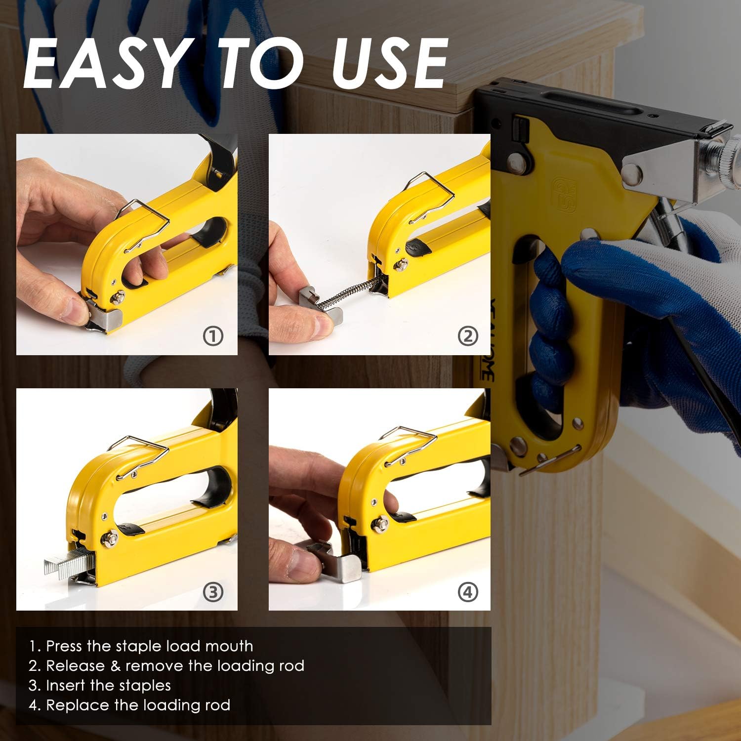Upholstery 4 in 1 Staple Gun Heavy Duty, with 6000 Staples, Remover, Gloves, Manual Brad Nailer Power Adjustment Stapler Gun for Wood, Upholstery, Carpentry, Decoration DIY Staple Gun ? ? ? ? ? - Image 3