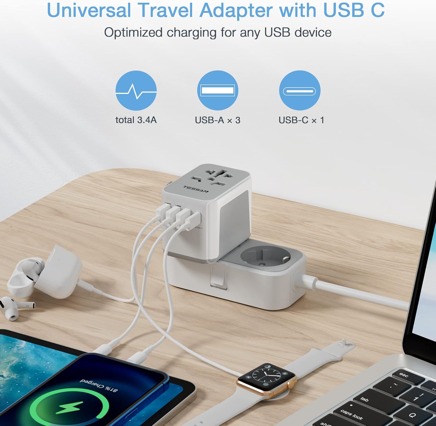 TESSAN Universal Travel Adapter, International Power Adapter with 4 USB Ports (1 USB C), Worldwide Plug Adaptor Wall Charger for USA to Europe UK France Germany Spain Ireland Australia(Type C/G/A/I) ? ? ? ? ? - Image 3