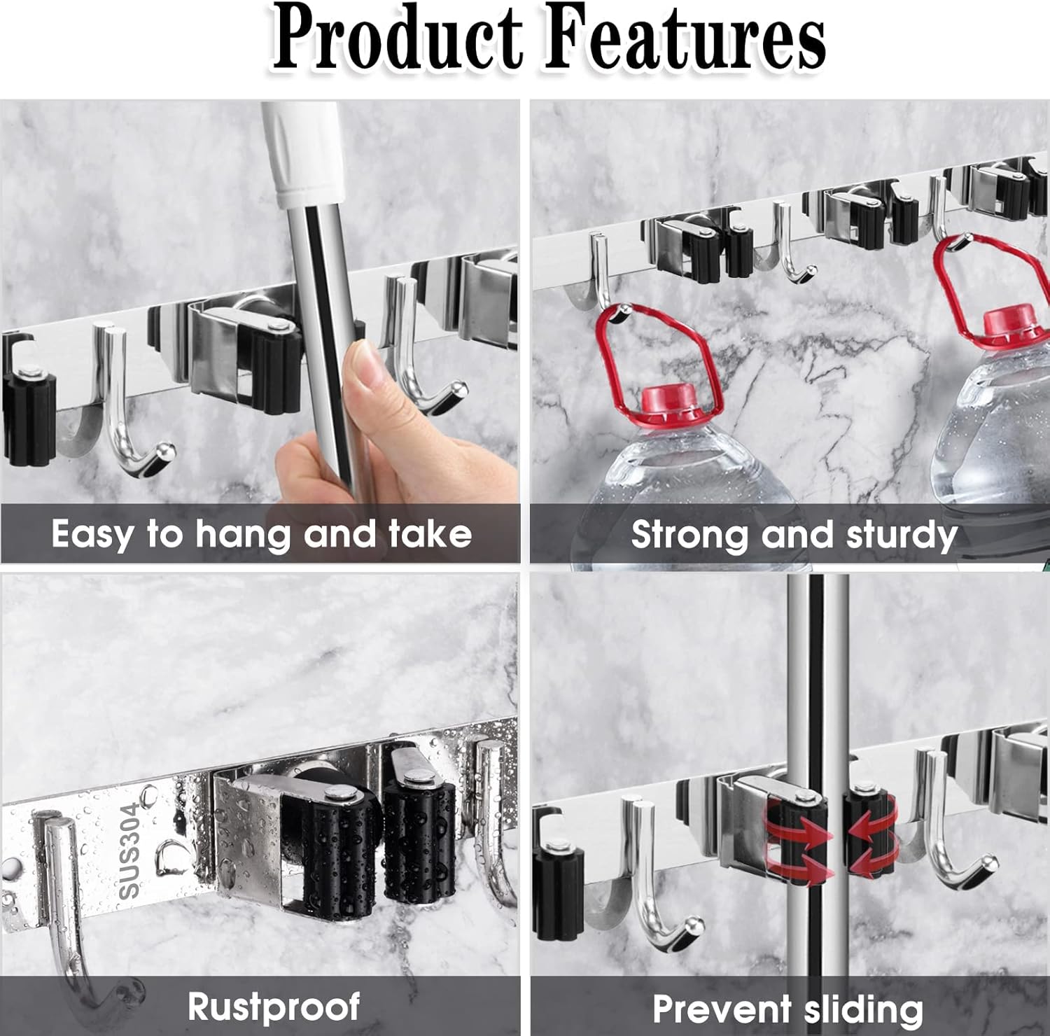 AceMining 5 Racks and 4 Hooks Mop and Broom Holder Wall Mount, Broom Organizer Storage Tool Racks Stainless Steel Heavy Duty Hooks Self Adhesive Solid Non-slip for Home Kitchen Garden Laundry Garage ? ? ? ? ? - Image 2