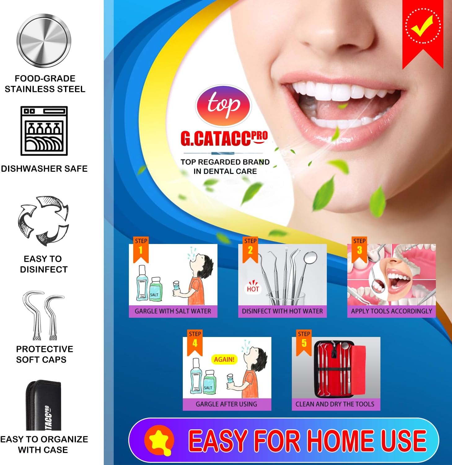 G.CATACC Dental Tools, Dental Pick Teeth Cleaning Tools Hygiene Kit, Plaque Remover for Teeth, Professional Stainless Steel Tooth Scraper Plaque Tartar Cleaner - with Case - Image 4