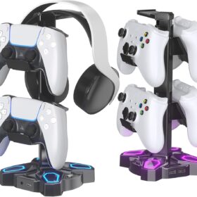 KDD Gaming Headphones Stand, Rotatable Headset Stand with Light Modes - Controller Holder with 2 USB Charging Ports and 3.5mm - Earphone Hanger Accessories for Desktop Gamer(Black)                 